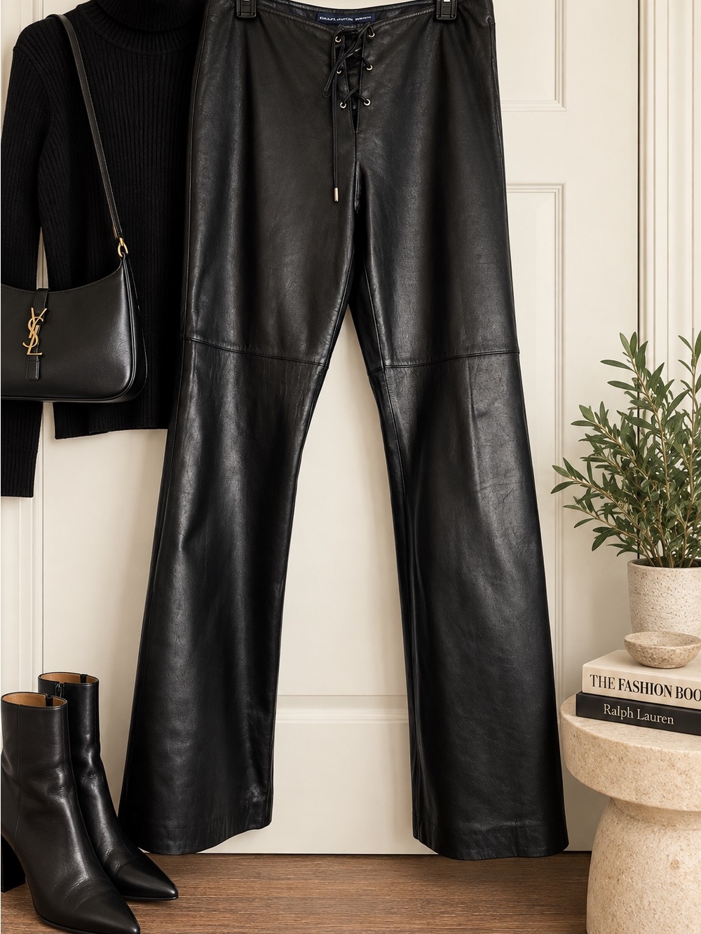 Ralph Lauren Black 100% Leather Vintage Lace-Up Flared Pants